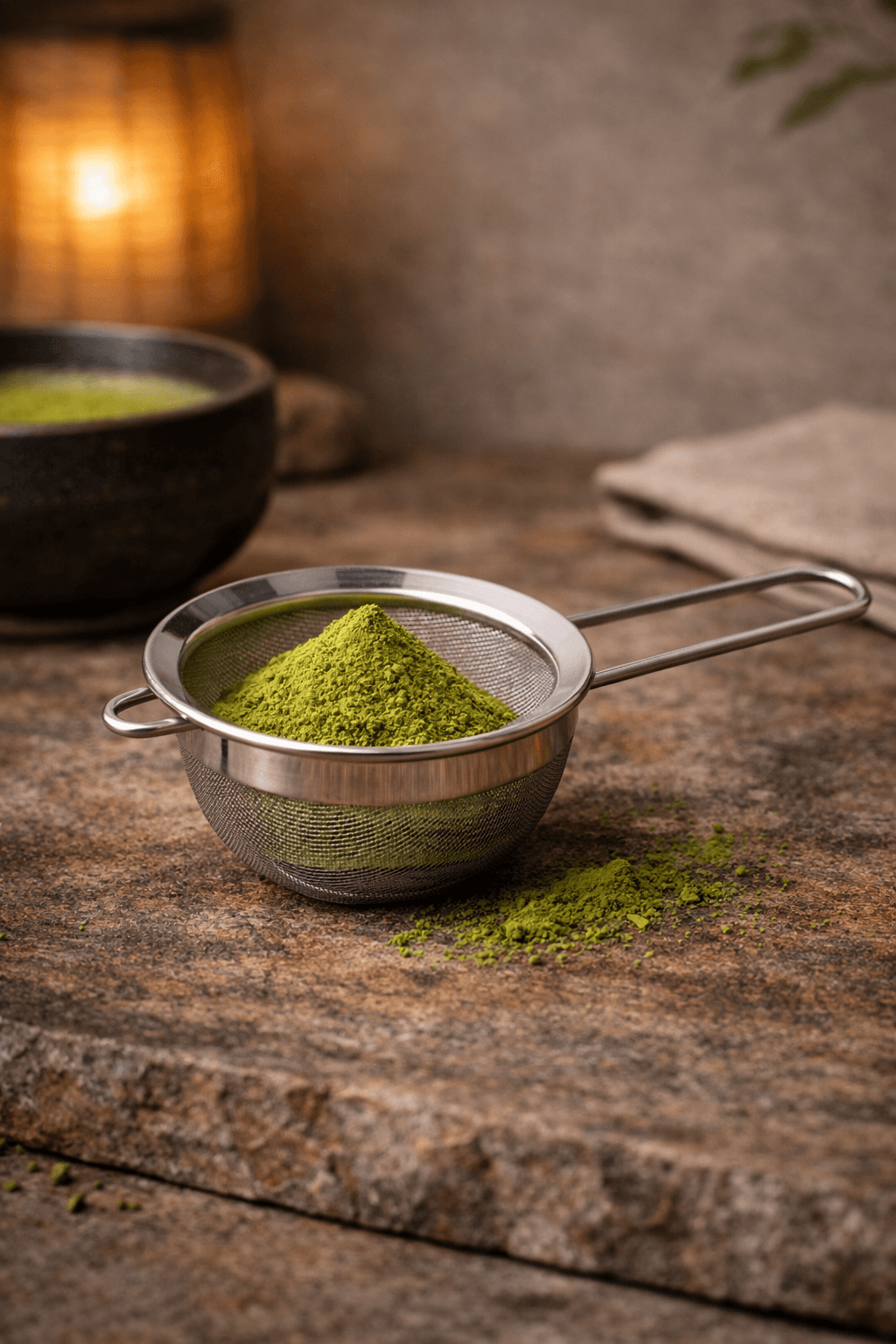 Fine mesh sifter holding bright matcha powder
