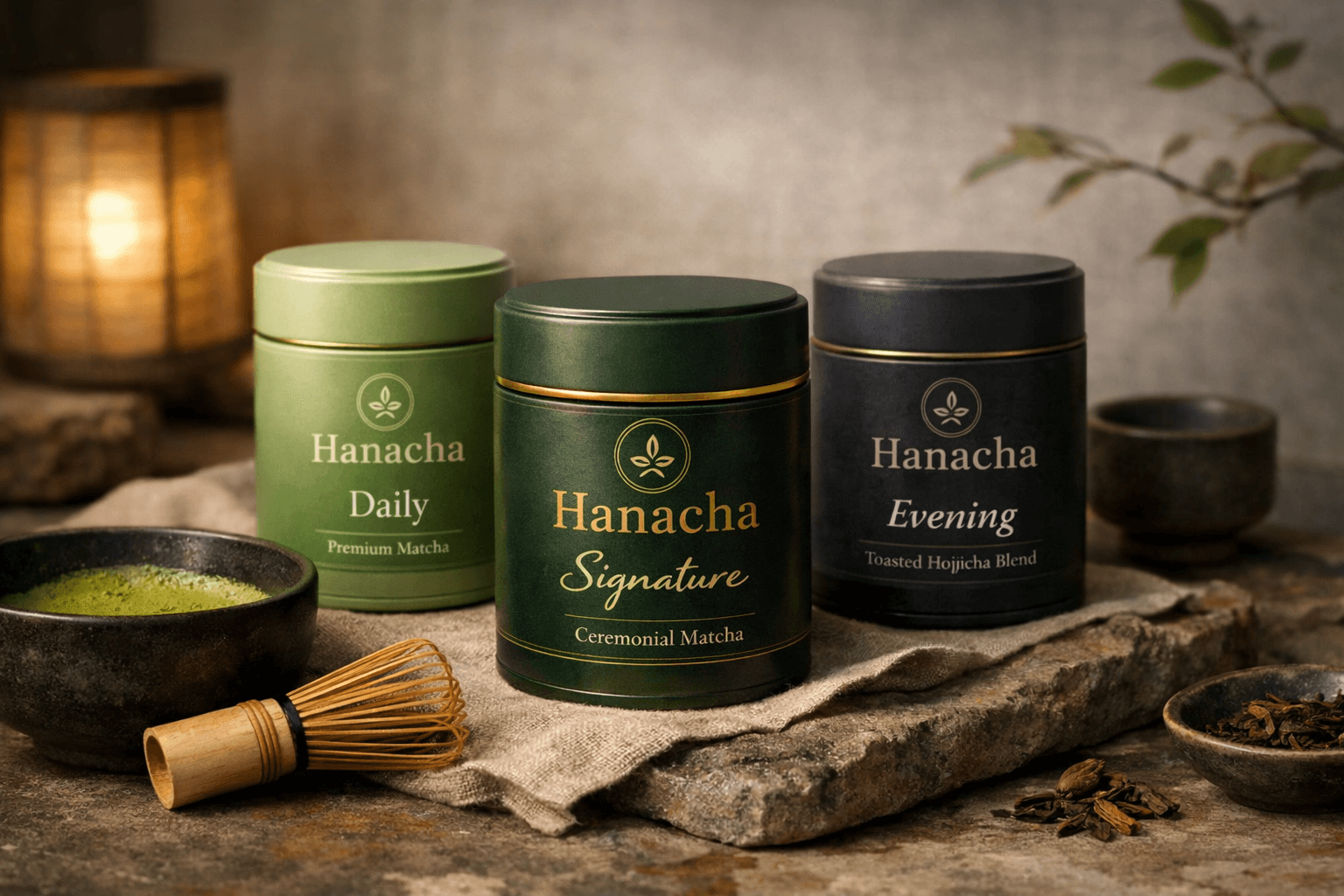 Hanacha tins arranged beside a bowl of matcha and a whisk