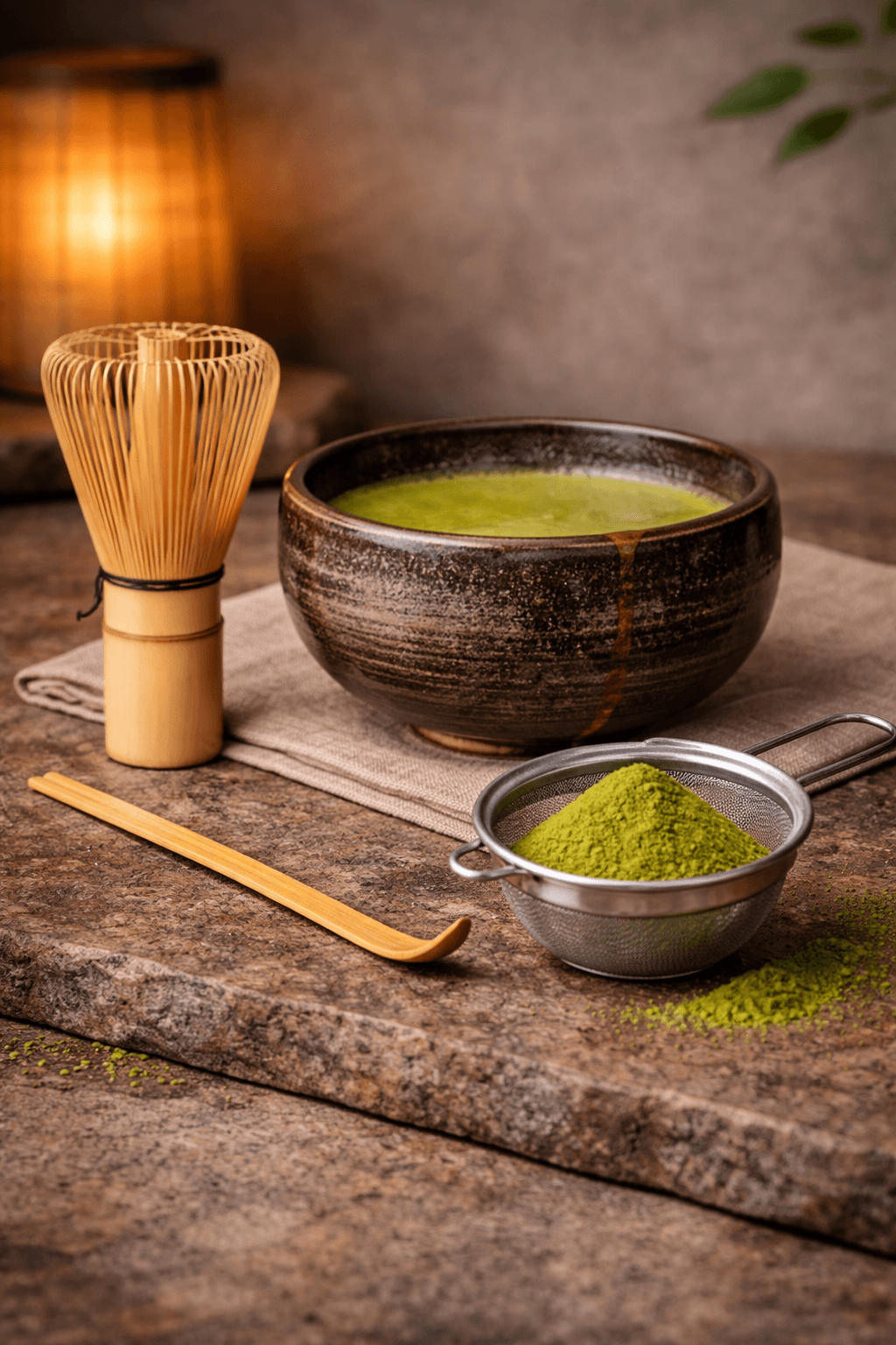 Preparation tools arranged beside a bowl of matcha