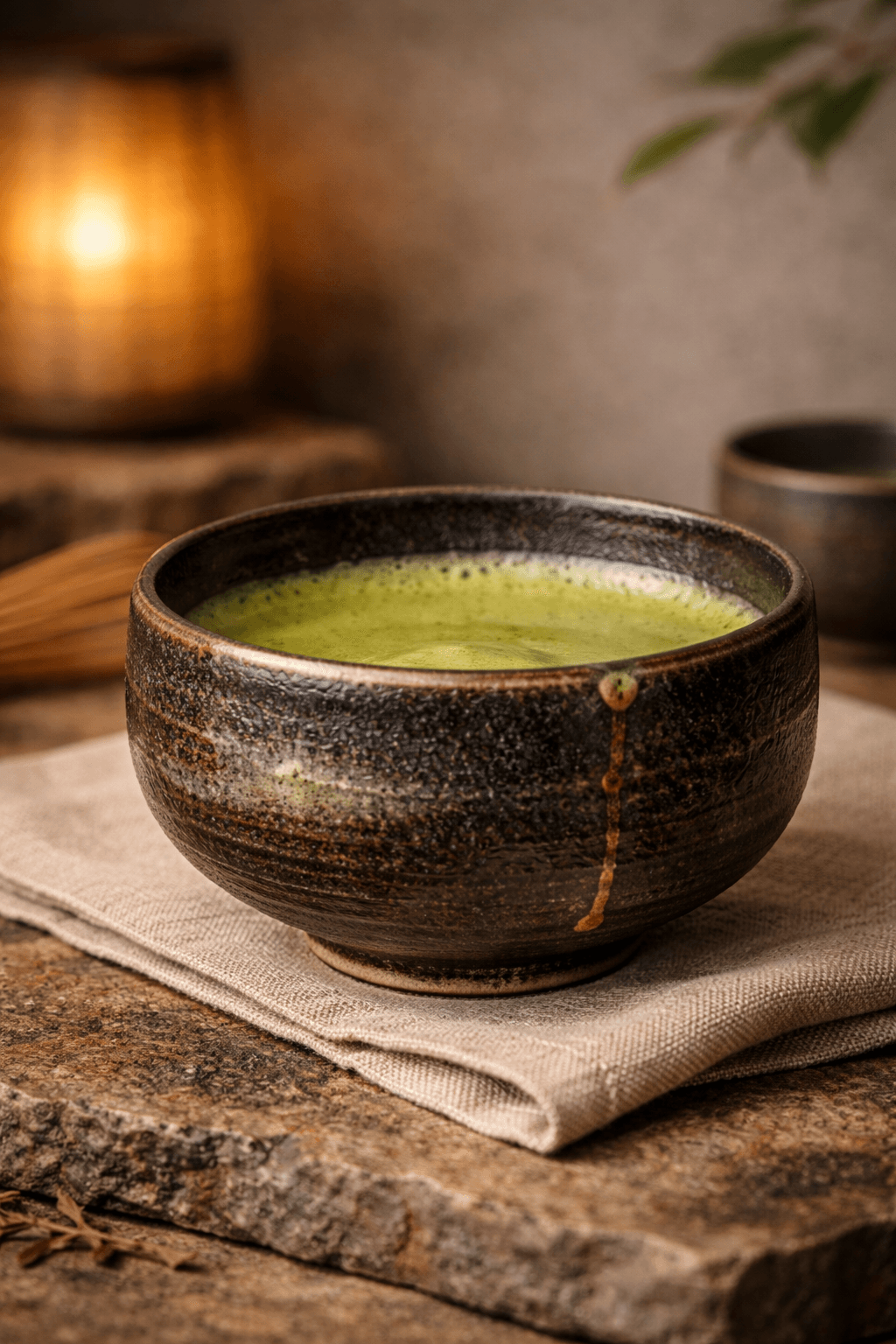 Whisked matcha in a dark stoneware bowl